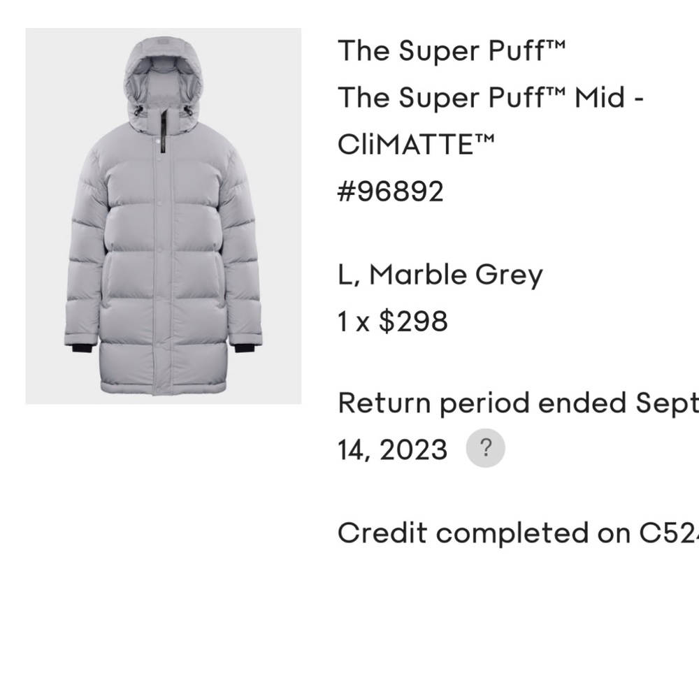 NWOT tags Aritzia Super Puff. Size large light gray.